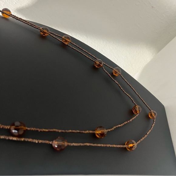 Amber Brown Glass Faceted Bead Long Necklace Bronze Seed Beaded Boho Layered - Picture 7 of 8